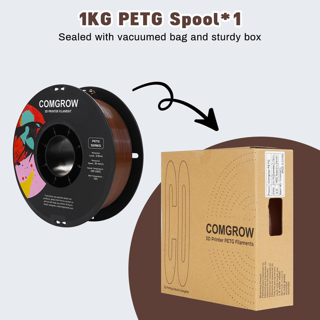 Comgrow PETG 3D Printer Filament 1.75mm, High Precision and Tough 3D Printer Filament 1kg (2.2LBS), Dimensional Accuracy +/- 0.02 mm, Fit Most 3D Printers Coffee