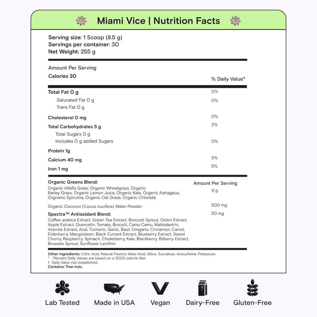 Kiala Nutrition Super Greens, Organic Greens Powder with Spirulina & Chlorella for Digestion, Gut Health, Immunity, Energy, Gluten Free, Vegan, Sugar Free, Spectra Blend, Miami Vice Flavor 30 Servings