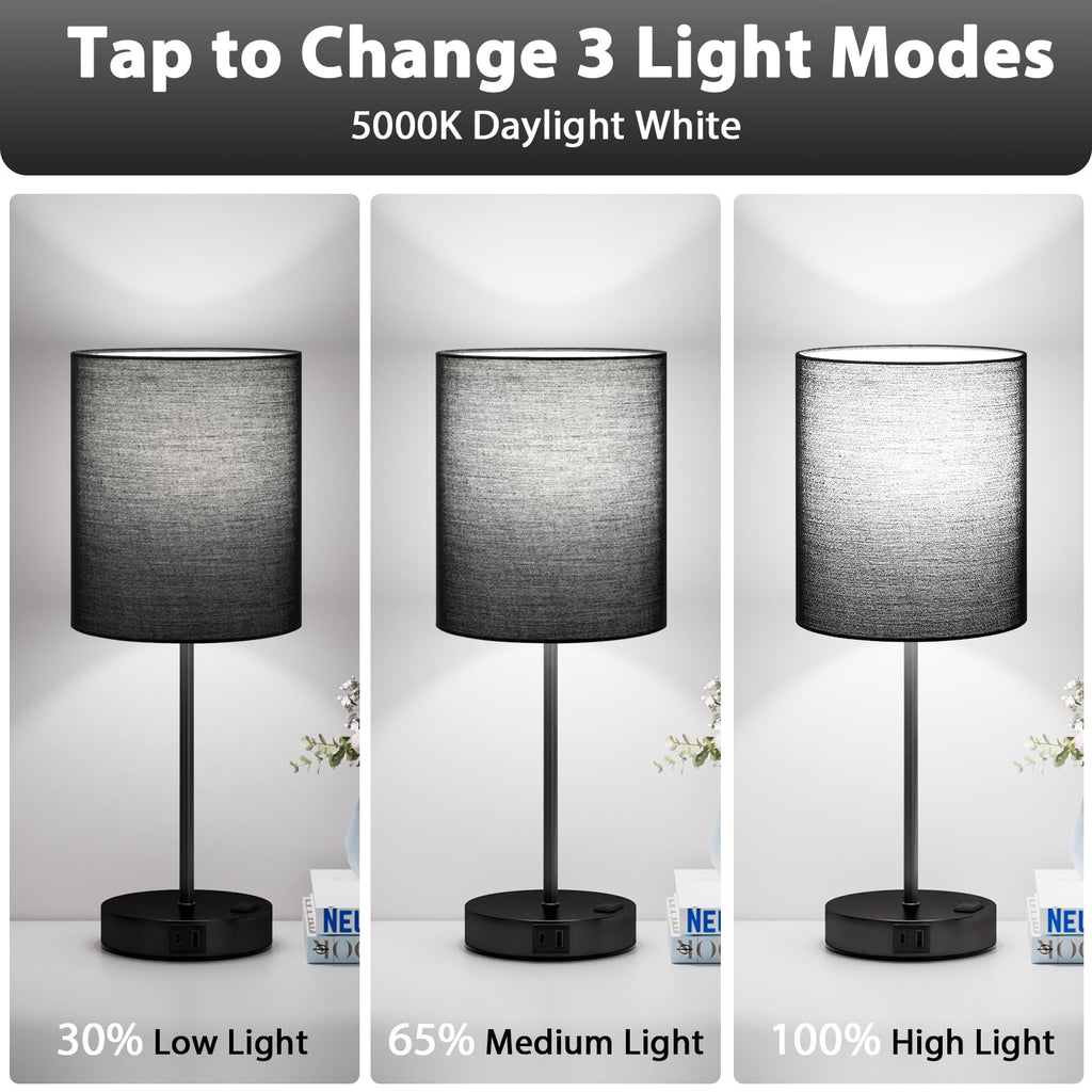 Black Touch Lamps for Nightstand Set of 2 - Bedside Table Lamp for Bedroom with Dual USB Ports & AC Outlet, 3-Way Dimmable Lamps for Living Room Boys Room, Night Light with 5000K Daylight Bulbs