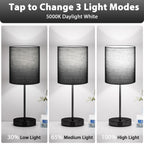 Black Touch Lamps for Nightstand Set of 2 - Bedside Table Lamp for Bedroom with Dual USB Ports & AC Outlet, 3-Way Dimmable Lamps for Living Room Boys Room, Night Light with 5000K Daylight Bulbs
