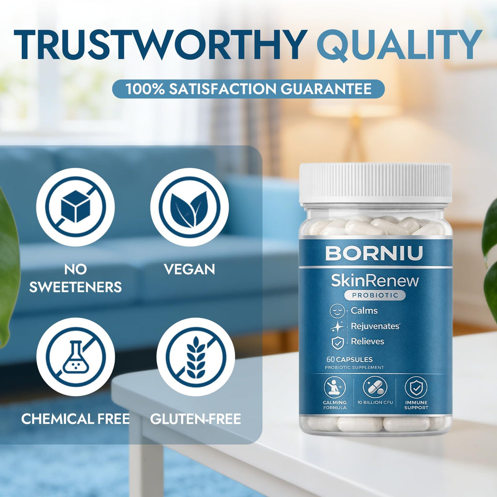 NutraNeo Borniu SkinRenew Probiotic for Gut and Skin Support, 5 Targeted Probiotic Strains Plus Inulin Prebiotic Fiber, Vegan, Non-GMO, 60 Capsules(1pc)