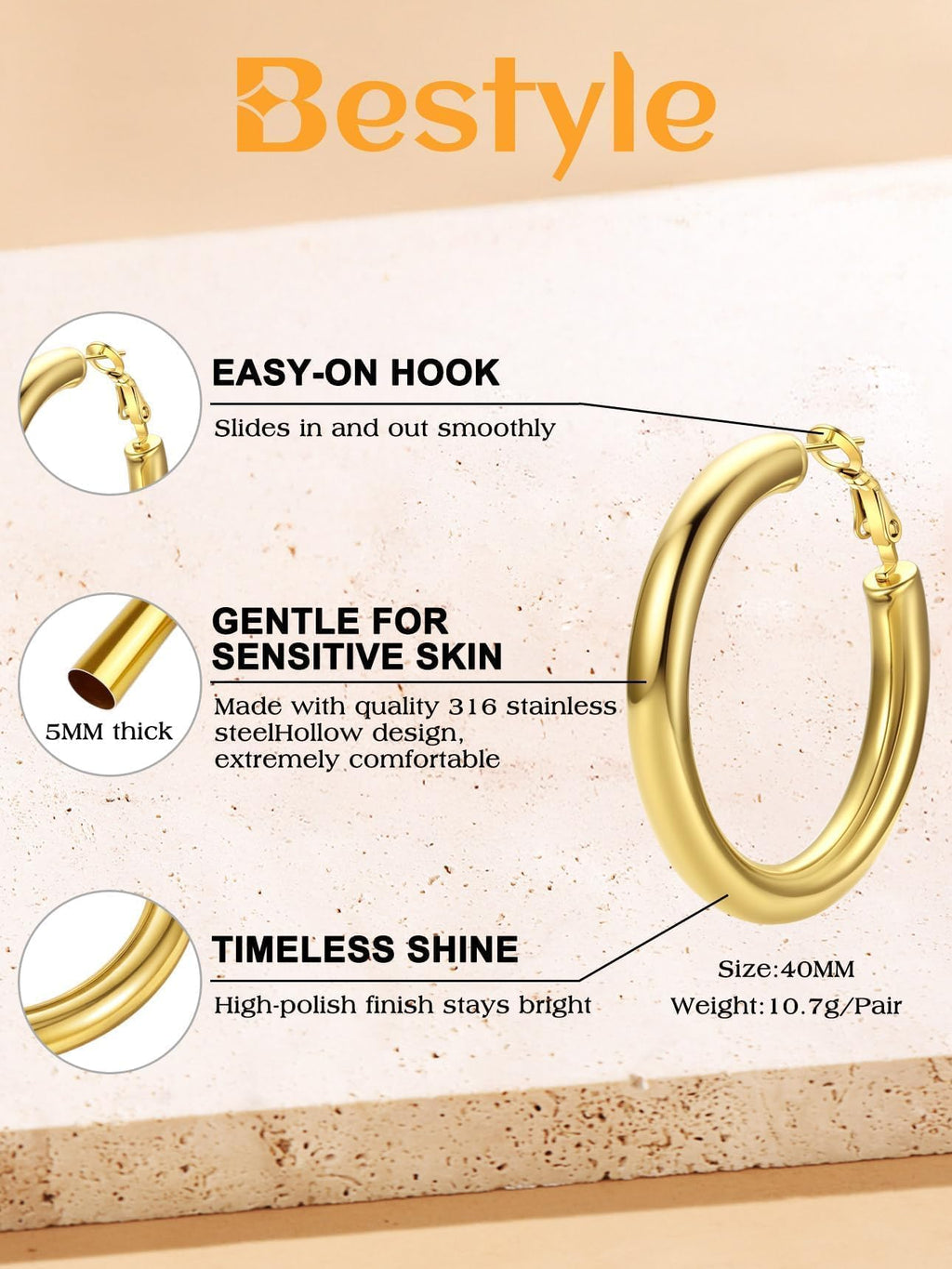 Bestyle 5mm Thick Gold Hoop Earrings Lightweight Chunky Hoop Earrings Hollow Tube Hypoallergenic Trendy Stainless Steel Eearrings for Women 40mm