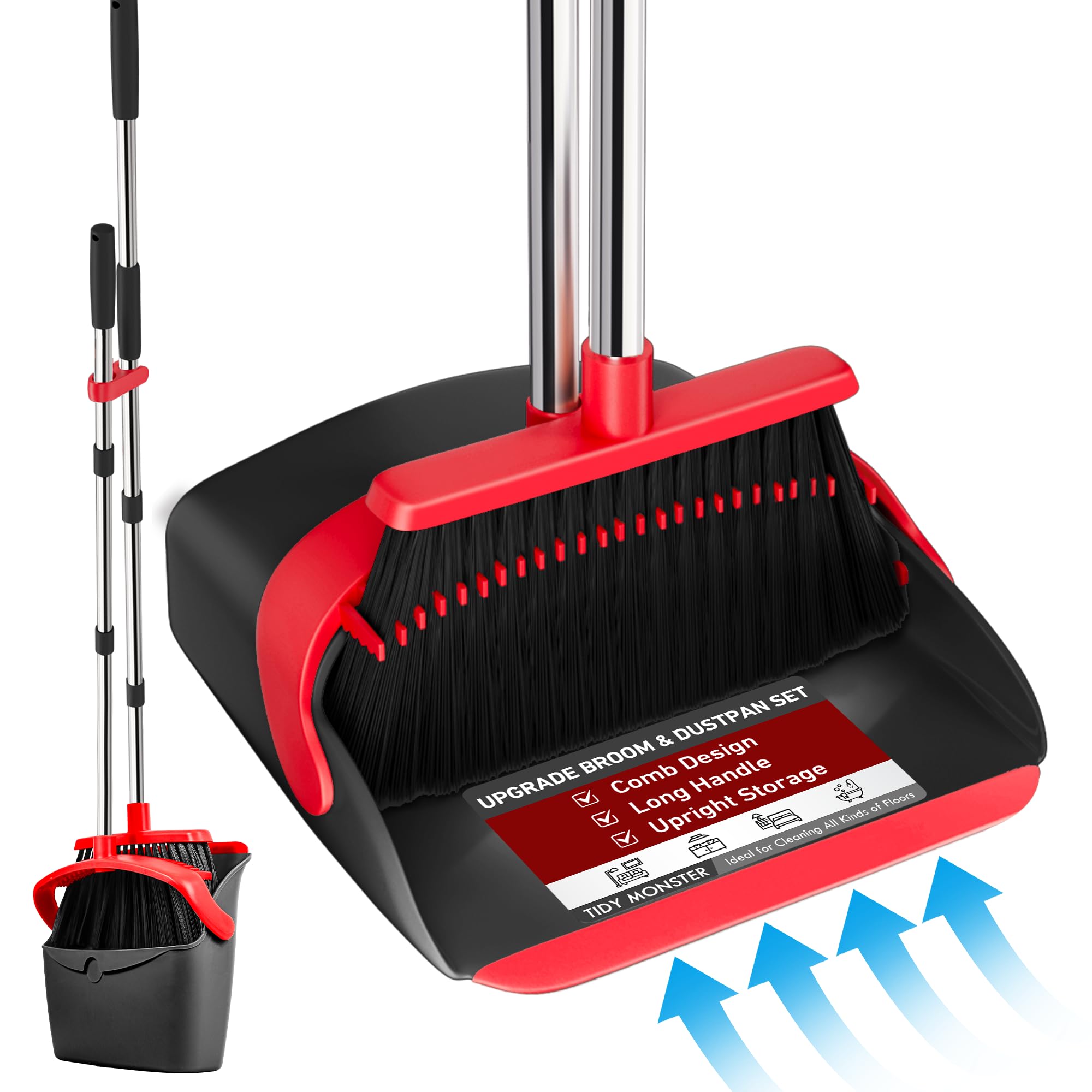 Broom with Dustpan Combo Set, Dust Pans with Long Handle for Upright Sweeping, Standing Broom and Dustpan Set with Self-Cleaning Teeth for Home, Kitchen & Office Floors(Red & Black)