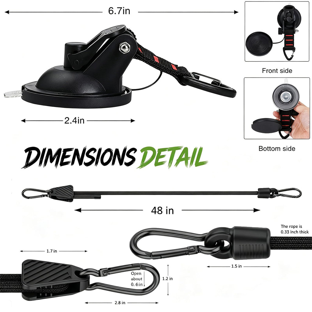 CONBOLA Suction Cups Hooks with 48-inch Adjustable Bungee Cords Set,Adjustable from 7" to 48",Car Camping Essentials Heavy Duty Tie Down Strong Power for RV Boat Window Glass Camping Trap.