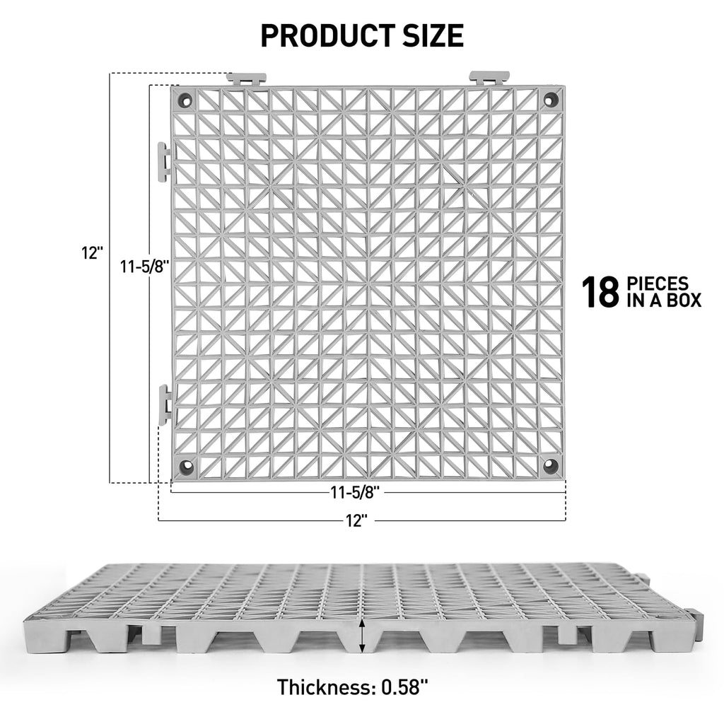 MAXWAVE 18 Pack 12" x 12" Modular Interlocking Floor Mats, Soft PVC Non-Slip Drainage Tiles, Splicing Rubber Cushion Flooring for Deck, Shower, Pool, Basement, Shed, Indoor and Outdoor Use