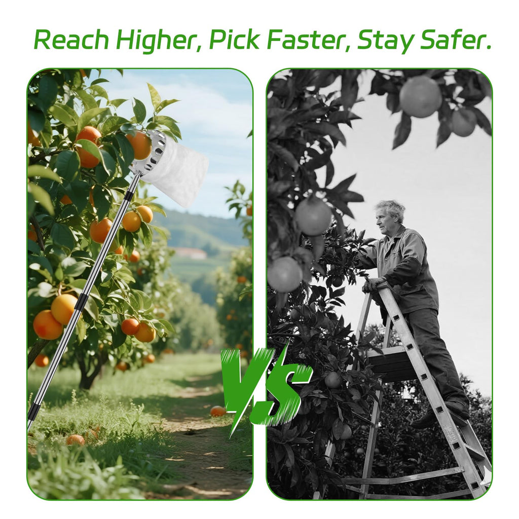 BURMONG 13.8 FT Telescoping Fruit Picker Pole with Soft Basket, Long Reach Tree Fruit Harvester Tool for Apple, Mango, Orange & More, Extendable Fruit Picking Tool for Garden Orchard