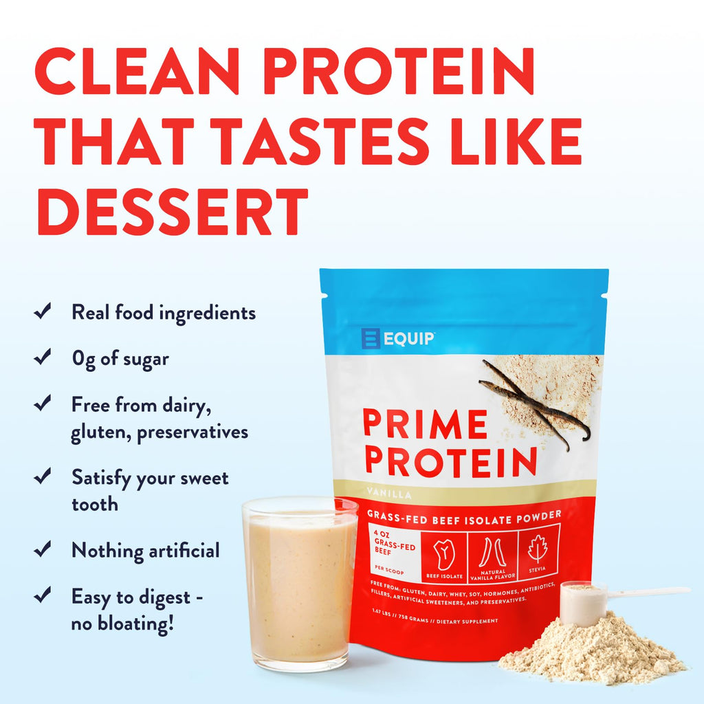 Equip Foods Prime Protein Powder | Clean, Grass Fed Beef Protein Isolate | Carnivore Protein Powder | Paleo, Keto Friendly | Gluten, Dairy Free | Helps Build & Repair Tissue | 30 Servings, Vanilla