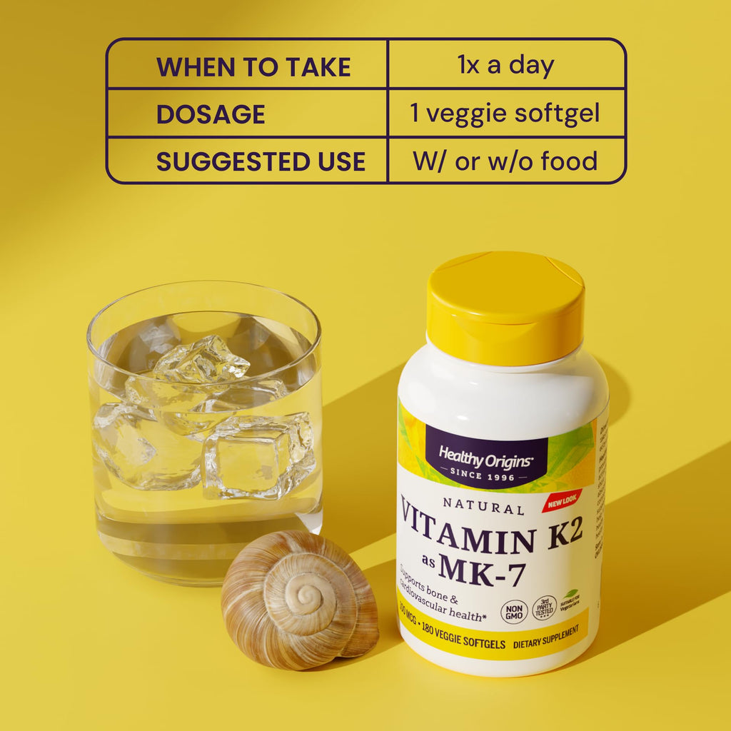 Healthy Origins Vitamin K2 100 mcg (MK-7, Non-GMO, Gluten Free, Cardiovascaular Support, Bone Support), 180 Veggie Gels