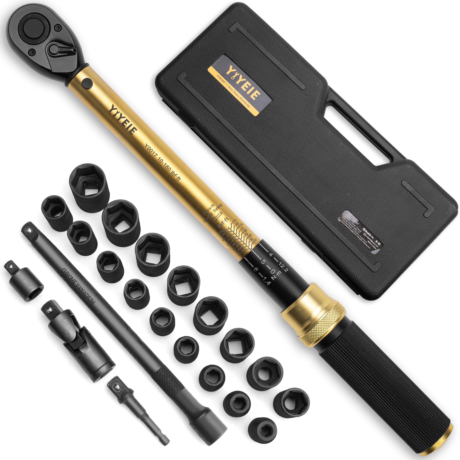 YIYEIE 22PCS Torque Wrench Set 1/2" Drive, 10-180 ft.lb/13.6-244.1 Nm, Click Torque Wrench with Impact Sockets, 1 ft.lbs Micro, 72-Tooth Ratchet, Quick Release Head, Master Torque Tool for Car Repair