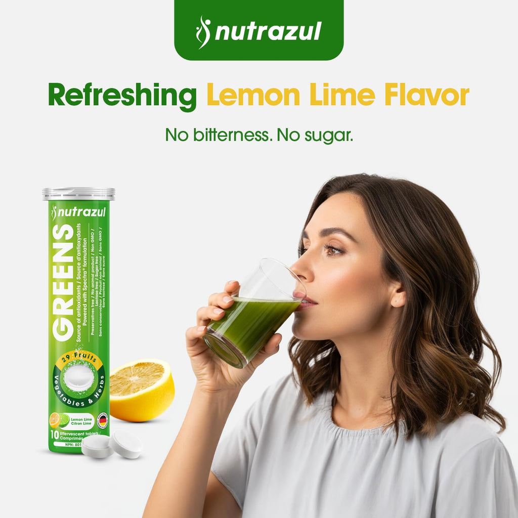 nutrazul Greens Effervescent Tablets - Daily Super Greens Supplement with 29 Superfoods - Antioxidant & Immune Support - Lemon Lime Flavor - Non-GMO - 30 Tablets