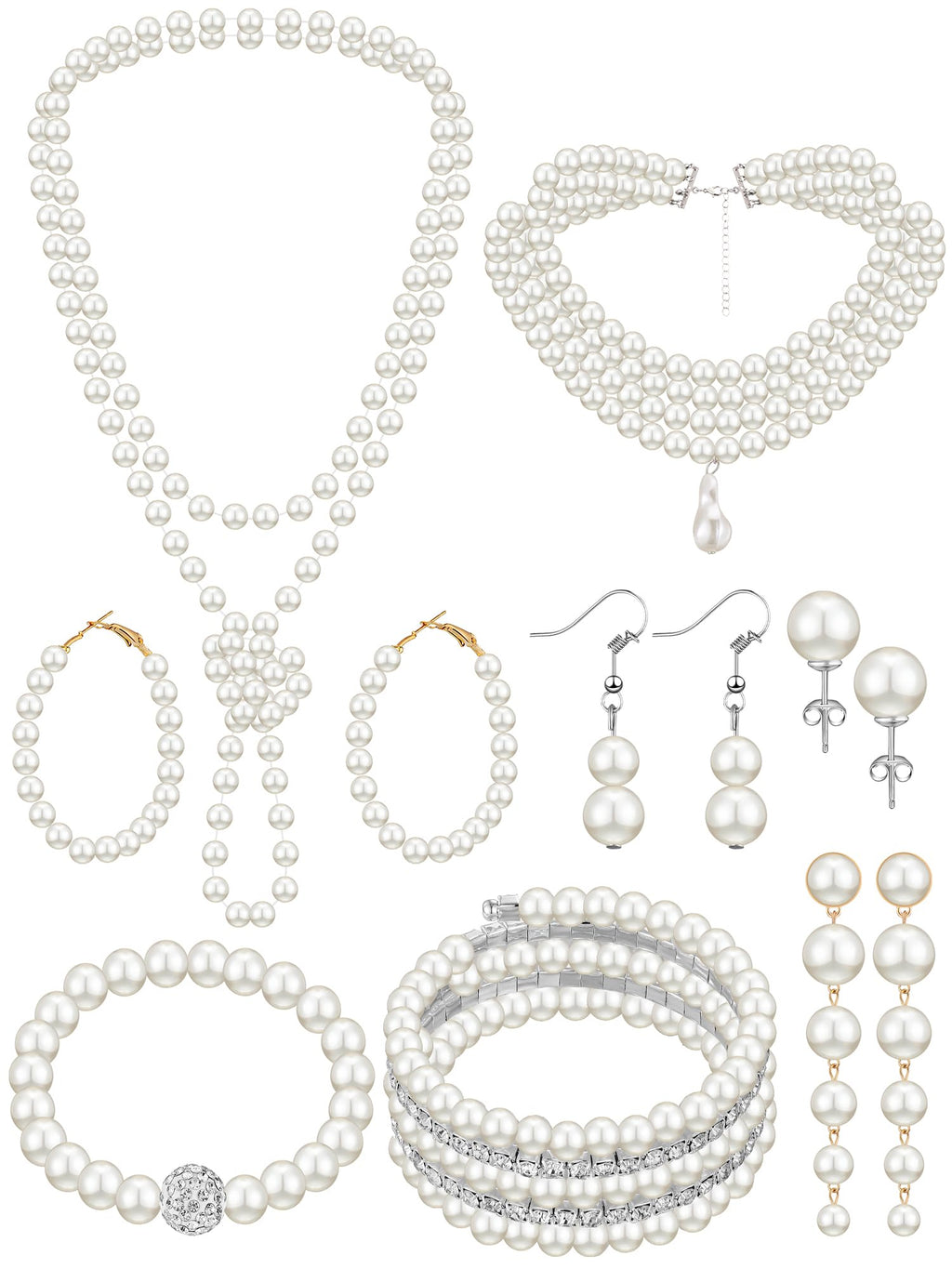 BBTO 8 Pcs Pearl Necklace Earring Set Women Wedding Jewelry,Vintage Style