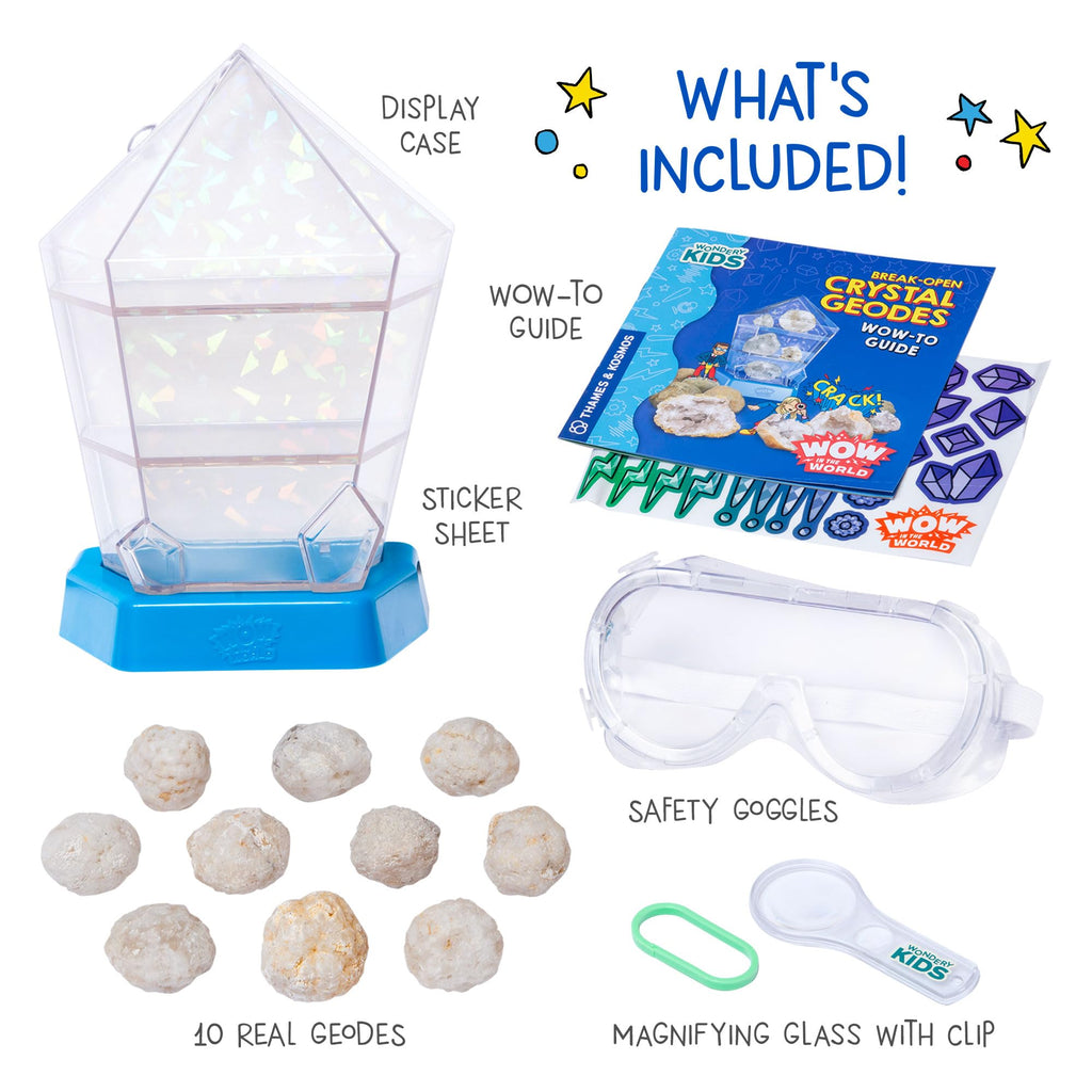 Wow in The World – 10 Real Break-Open Crystal Geodes with Display Case – Bonus Goggles & Magnifying Glass, Companion Audio Content, STEM Toy for Boys & Girls 6+ by Thames & Kosmos
