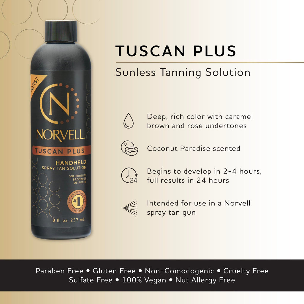 Norvell Tuscan Plus Spray Tan Solution 8 fl oz – Professional Sunless Tanning Formula with Caramel Brown & Rose Colors, Instant Natural Color, Long Lasting, Streak Free Results