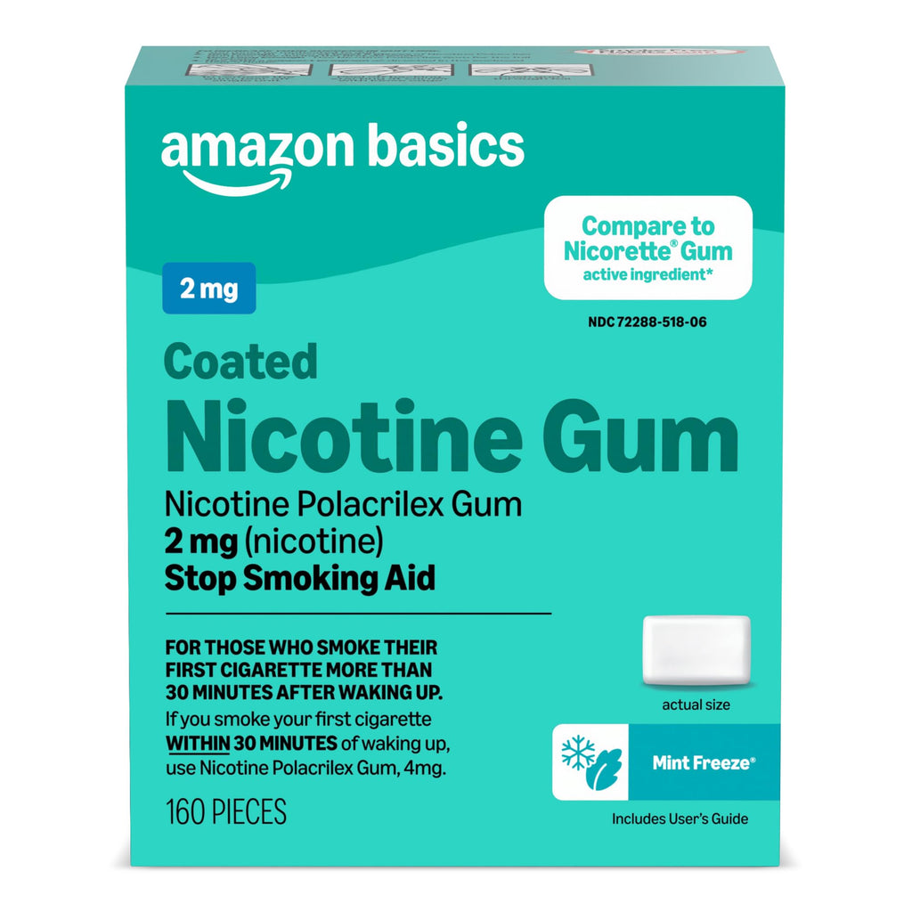 Amazon Basics Coated Nicotine Gum 2 mg, Ice Mint Flavor, Stop Smoking Aid, Relieves Nicotine Cravings to Help You Quit Smoking Cigarettes, 160 Count (Previously Amazon Basic Care)