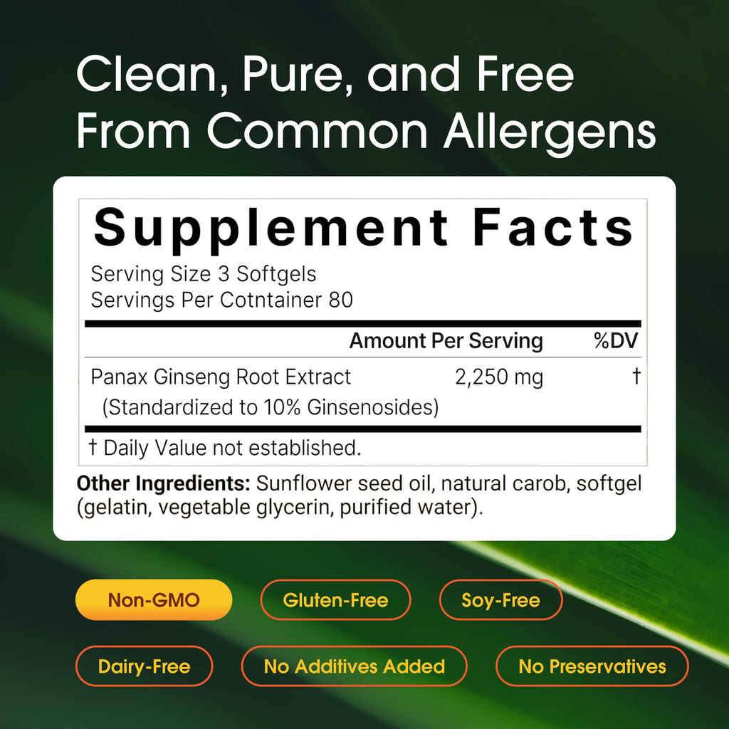 NatureBell Panax Korean Red Ginseng - 240 Softgels - 2,250mg High Strength Herbal Vitality Support* - Standardized 10% Ginsenosides from Six-Year-Old Ginseng Root - Energy & Immune Support*