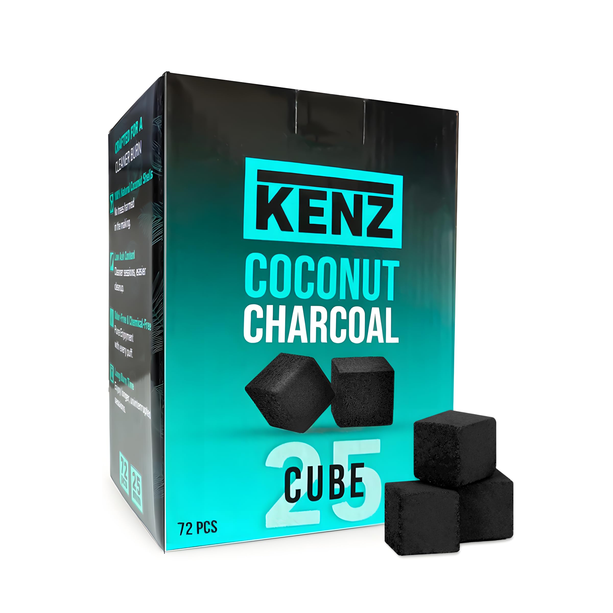 KENZ Coconut Charcoal Cubes 25 mm — 100% Natural, Low Ash, 72 pcs