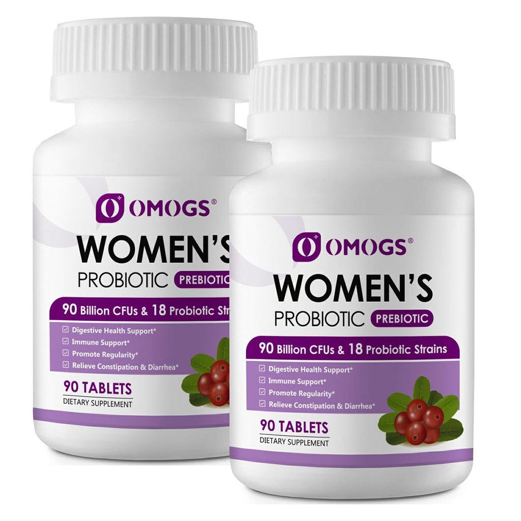 OMOGS 2PCS Women's Probiotic, with Cranberry Extract, Organic Prebiotics & Vitamin C, 90 Billion CFUs,18 Strains, Help for Boost Immune, Digestive, Gut Health & Women's Health,180 Tablets