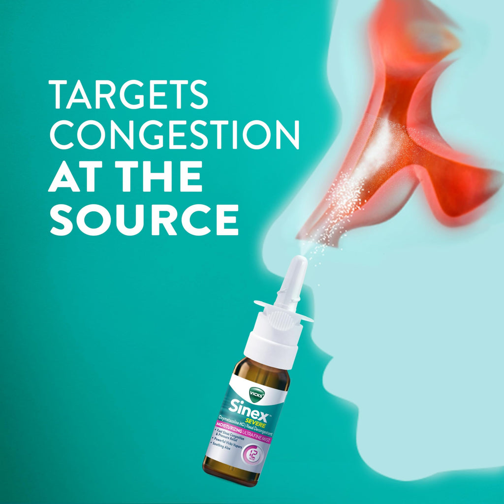 Vicks Sinex Severe Nasal Spray, Moisturizing Ultra Fine Mist with Aloe, Decongestant Medicine, Relief from Stuffy Nose Due to Cold or Allergy, Nasal Congestion & Sinus Pressure Relief, 265 Sprays x 2