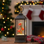Christmas Snow Globe Lantern Water Glittering 10'' Cardinal with Music & Timer, USB Lined/Battery Operated Lighted Lantern for Christmas Festival Decoration Gifts