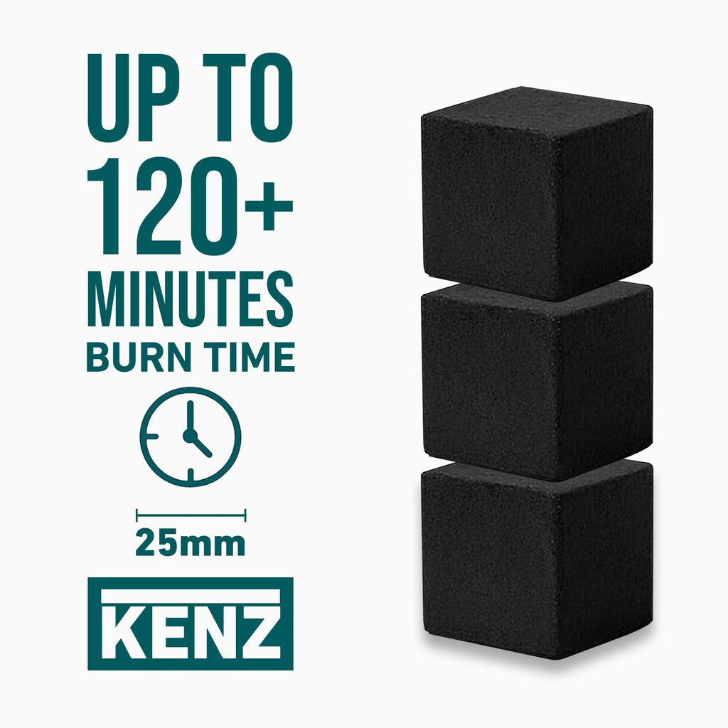 KENZ Coconut Charcoal Cubes 25 mm — 100% Natural, Low Ash, 72 pcs