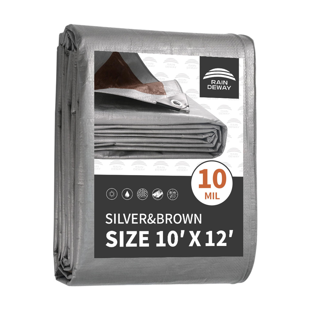 RAINDEWAY 10x12 Feet Tarps Heavy Duty Waterproof,10Mil Thick Multipurpose Poly Tarp Cover with Metal Grommets and Reinforced Edges,Silver/Brown Tarp