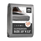 RAINDEWAY 10x12 Feet Tarps Heavy Duty Waterproof,10Mil Thick Multipurpose Poly Tarp Cover with Metal Grommets and Reinforced Edges,Silver/Brown Tarp