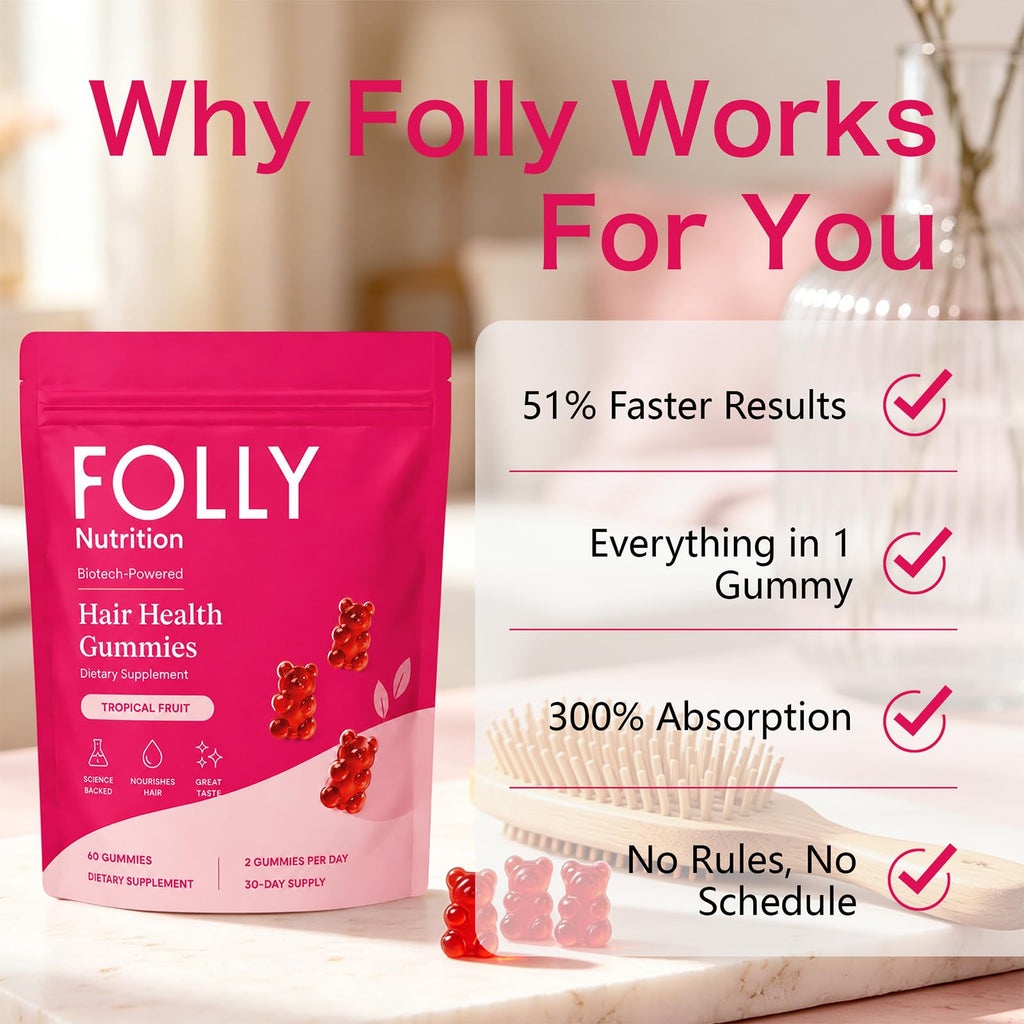 Grow Spark Folly Hair Growth Gummies, Tropical Fruit Hair Vitamins with Biotin, Vitamin C, Zinc, Pumpkin Seed Oil & Botanical Complex, Daily Beauty Supplement for Women, 60 Gummies