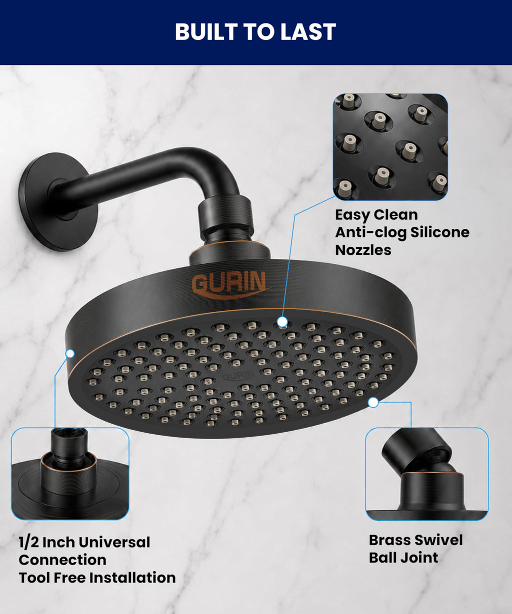 GURIN Shower Head - Powerful High Pressure Rain Shower Head 6 Inch - Luxury Rainfall Showerhead with Adjustable Angles, 90 Anti-Clog Nozzles, Tool-Free 1-Min Install, Premium Oil Rubbed Bronze Finish