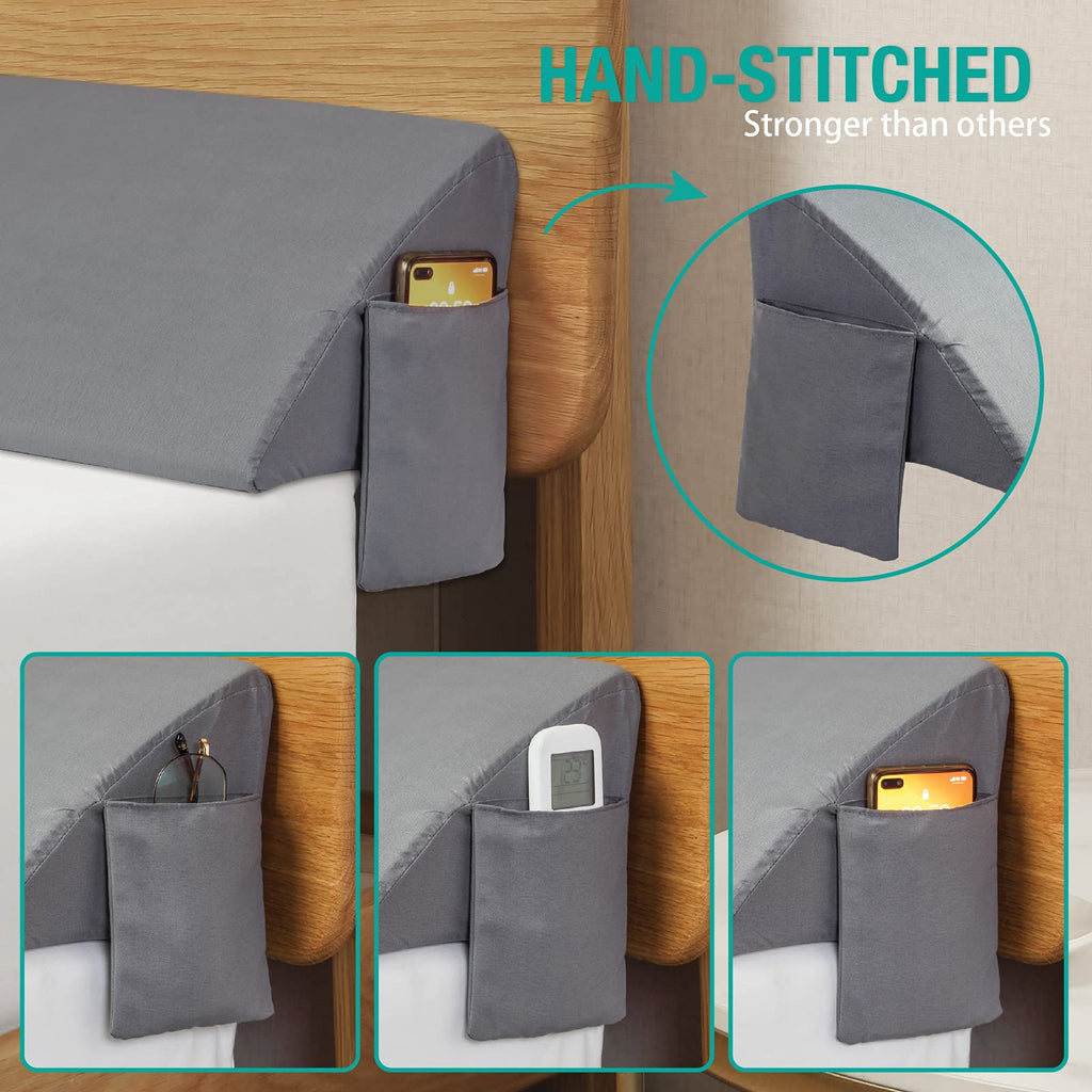 Vekkia Queen Bed Wedge Pillow for Headboard Gap, 0–6" Gap Filler with Side Pockets & Washable Cover, Gray 60"x10"x6"