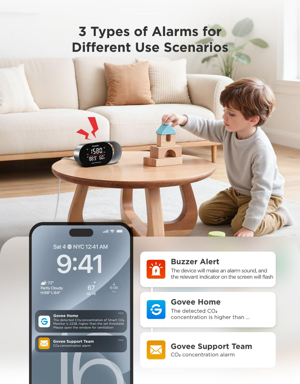 GoveeLife Smart Air Quality Monitor for Home, CO2 Detector for Health, Sleep Quality & Energy Efficiency, Thermometer Hygrometer with Real-Time Display & Alarm, for Office, Bedroom, Kitchen