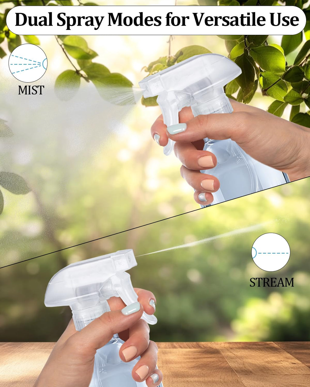 TERESRY 2 Pack 360° 10oz Spray Bottles with Adjustable Spray Nozzles Clear