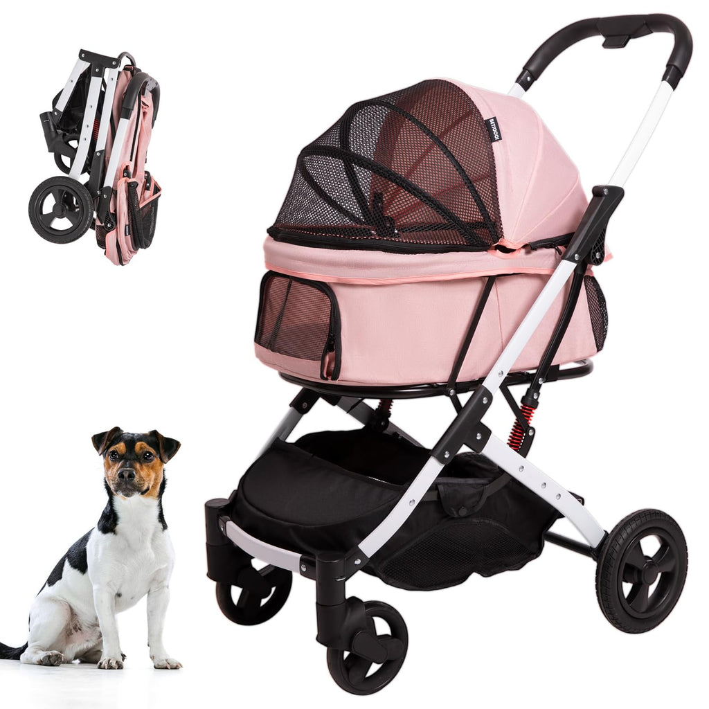 BETSOCCI Pet Stroller for Medium Small Dog & Cat, Foldable Lightweight Dog Stroller with Storage Basket Pet Travel Carriage with Safety Leashes, 4 Wheel, Pink