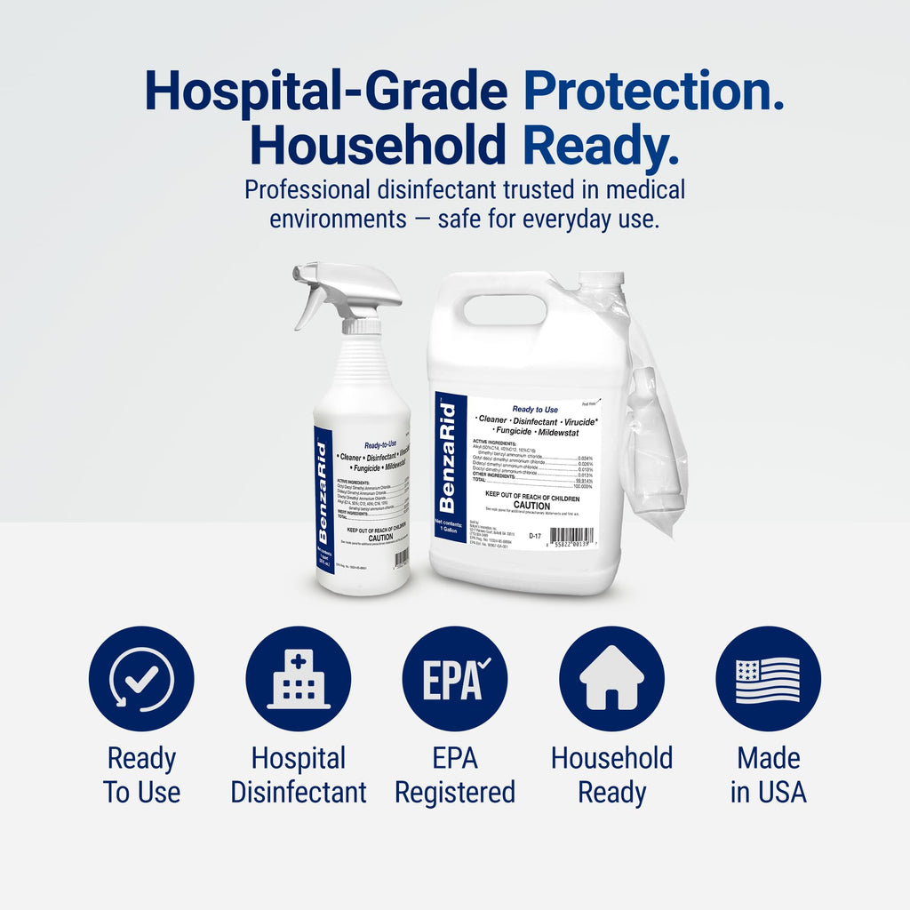 BenzaRid Pro Mold Killer Fungicide Disinfectant including Aspergillus Niger (Black Mold) H5N1 Pack | Multi-Purpose Fungicide, Mildewstat, Disinfectant, Virucide | EPA Reg. 1 Gal + 32 oz.