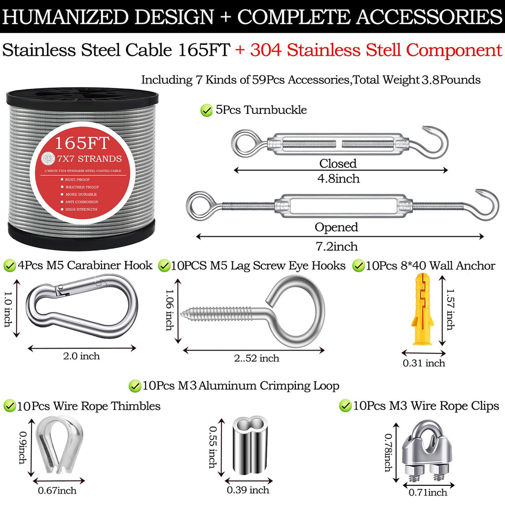 GZFTMKOBNS 165FT Steel Cable Kit | M5 Turnbuckle & 1/8" Stainless Steel Wire Rope