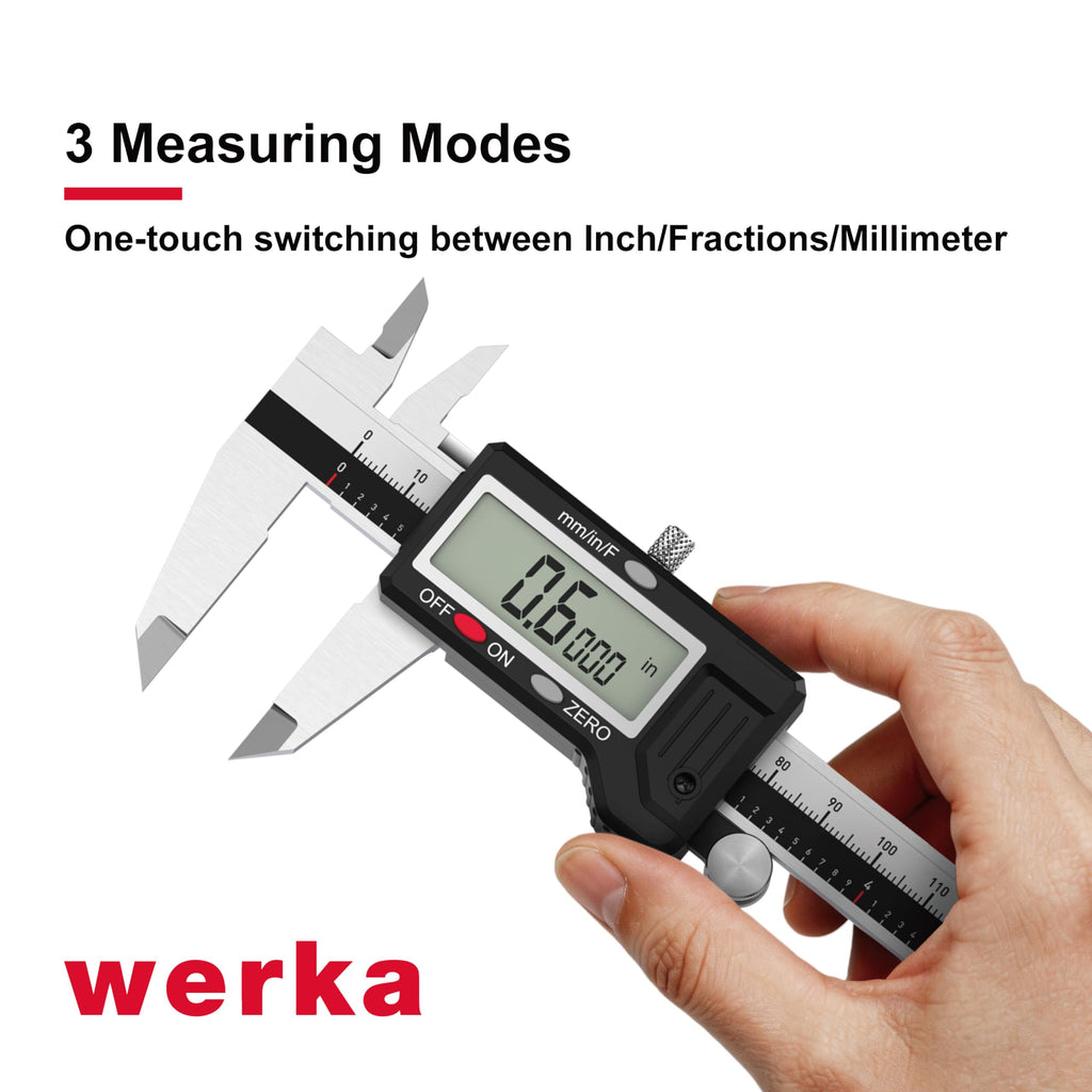 werka Digital Caliper, Calipers Measuring Tool, Auto-Off Micrometer Caliper with 0.001”High-Accuracy,Inch/Fraction/Millimeter Conversions Button,4 Measuring Ways, Stainless Steel (8 Inch)