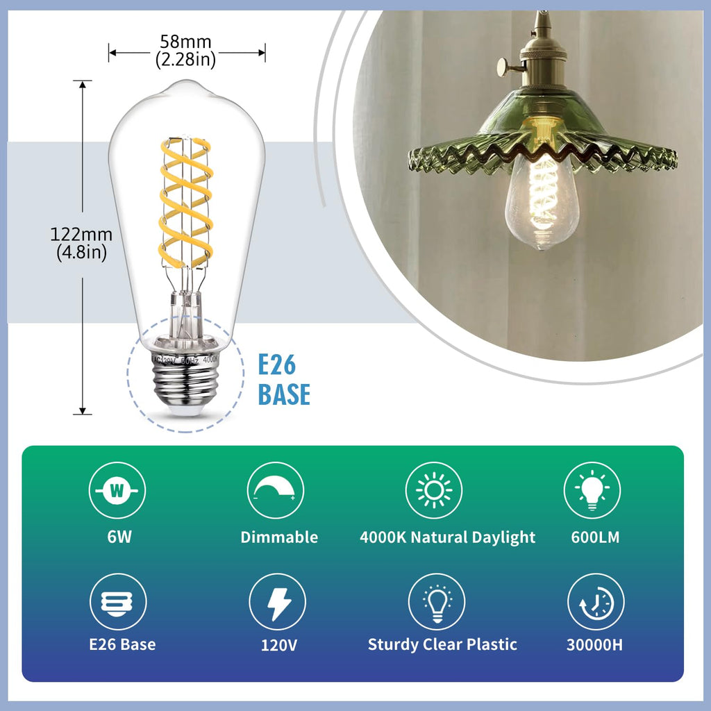 EMYMLITE 12 - Pack 60 Watt Equivalent Edison Light Bulbs, E26 Shatterproof LED Filament Light Bulbs, Neutral White 4000K, Dimmable, Antique Filament Decorative Light Bulbs, ST19/ST58 LED Edison Bulb