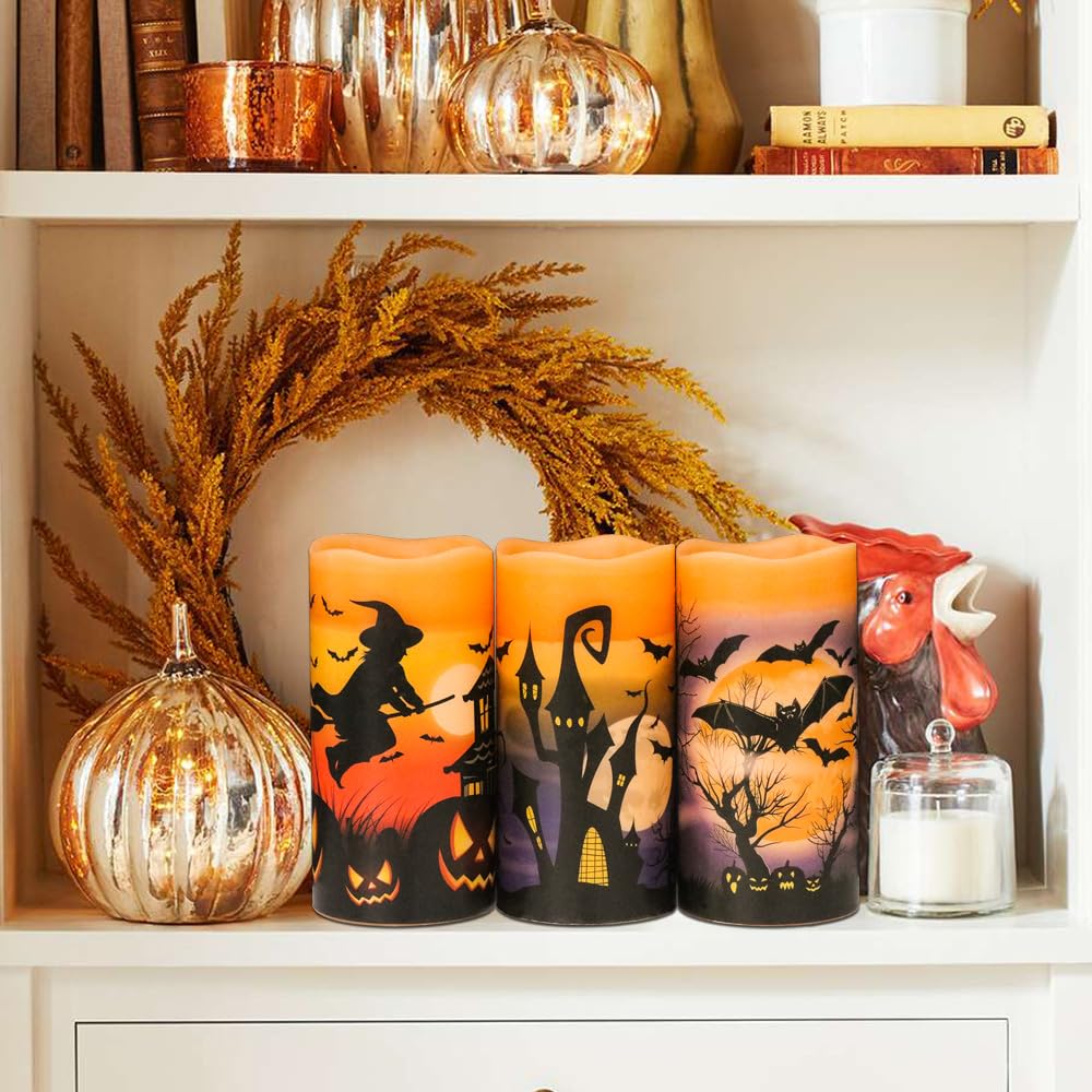 DRomance Halloween LED Flameless Pillar Candles Battery Operated with Timer