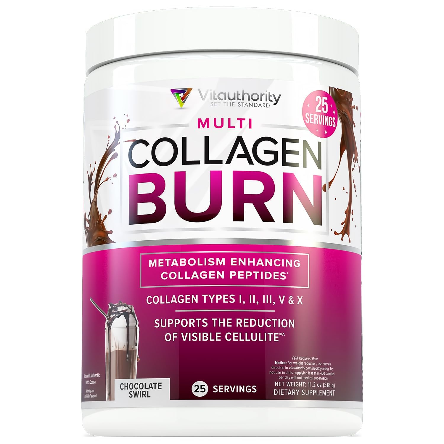Vitauthority Collagen Peptides Powder Weight Loss Supplements | Hydrolyzed Beauty Complex for Women, Hair Skin Nails | Fat Burning Support | Chocolate Flavored 25 Servings