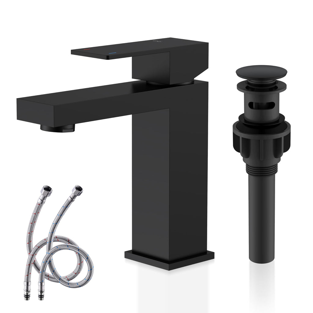 KENES Matte Black Single Handle Bathroom Sink Faucet, Stainless Steel Vanity Faucet for Bathroom Sink, with Pop Up Drain Stopper & Water Supply Hoses LJ-9031-2