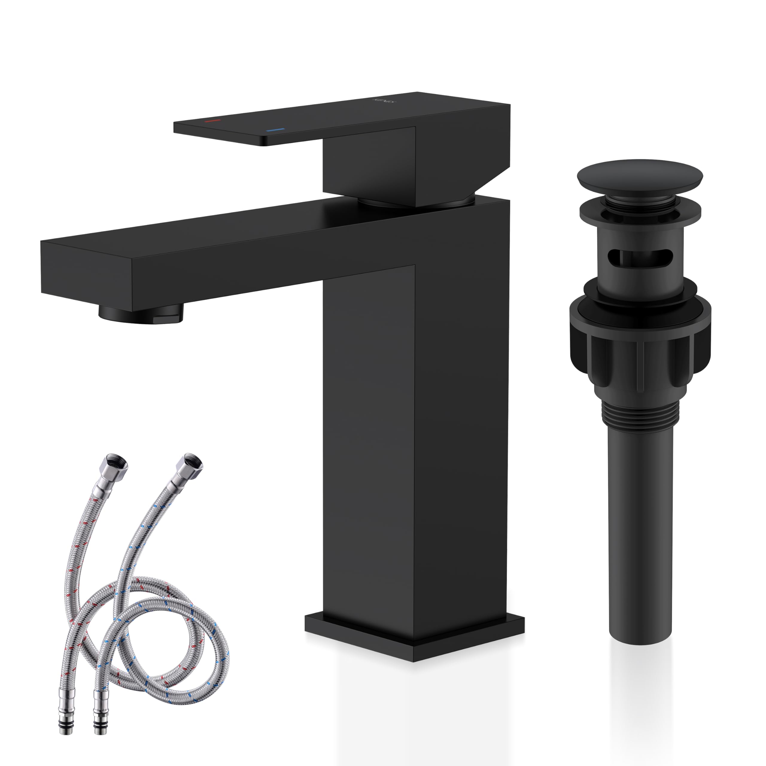 KENES Matte Black Single Handle Bathroom Sink Faucet, Stainless Steel Vanity Faucet for Bathroom Sink, with Pop Up Drain Stopper & Water Supply Hoses LJ-9031-2