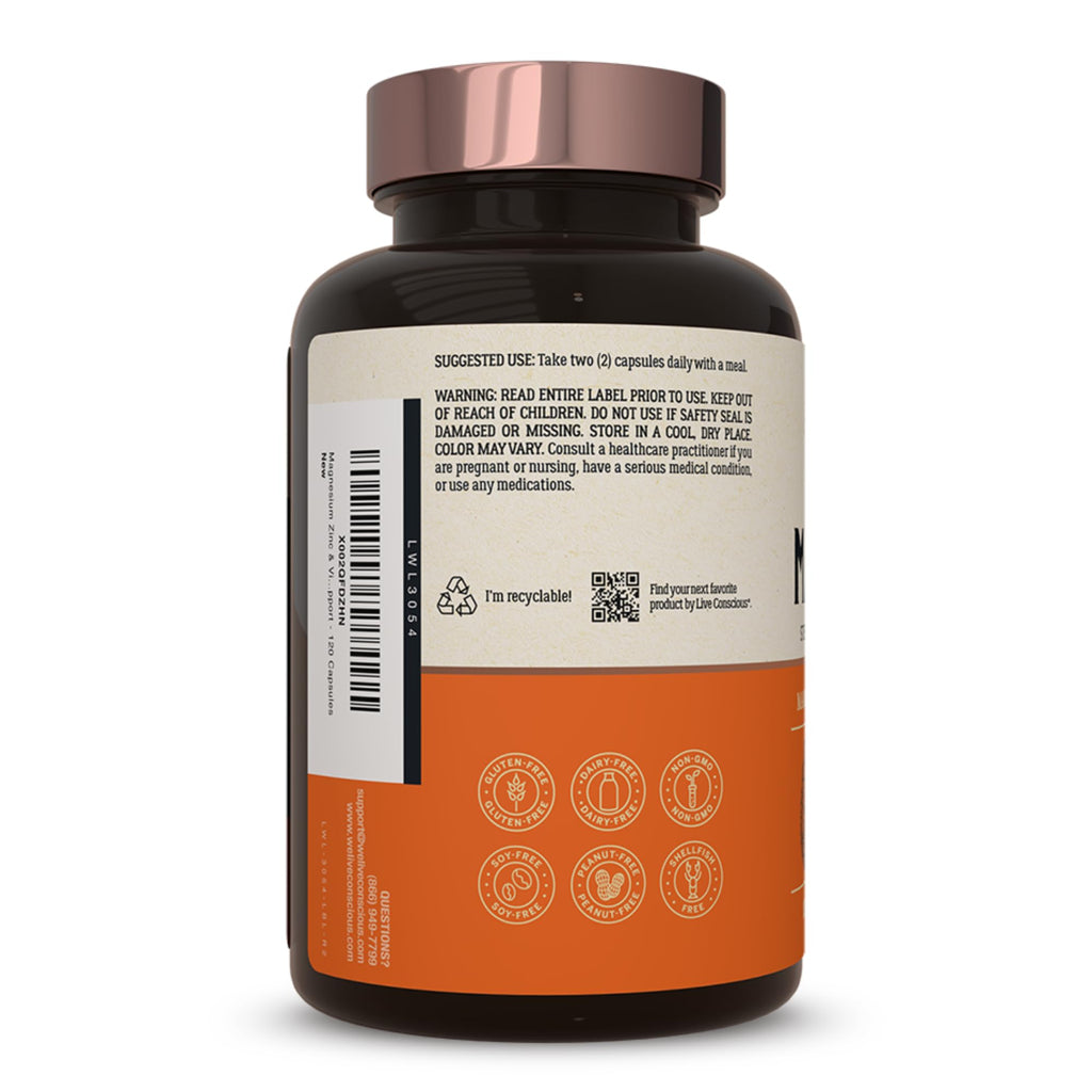 Live Conscious Magwell Magnesium Zinc & Vitamin D3 - Magnesium Glycinate, Malate, & Citrate - Triple Supplement for Women & Men - for Sleep, Bone, Heart, Immune Support - 120 Caps