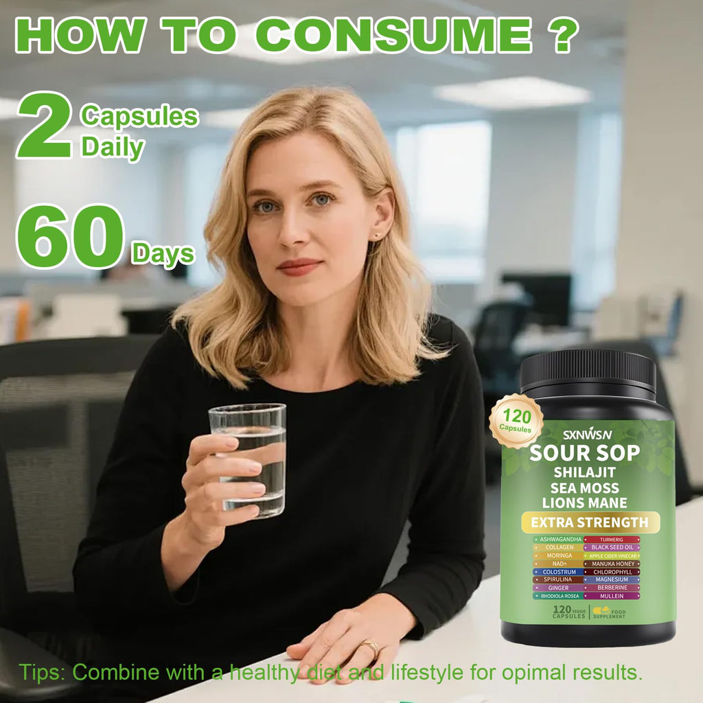 Soursop Supplement with Ashwagandha Sea Moss Lions Mane Turmeric Shilajit - Graviola Complex Capsules for Antioxidant, Brain & Joint & Skin Support | 120 Vegan Capsules