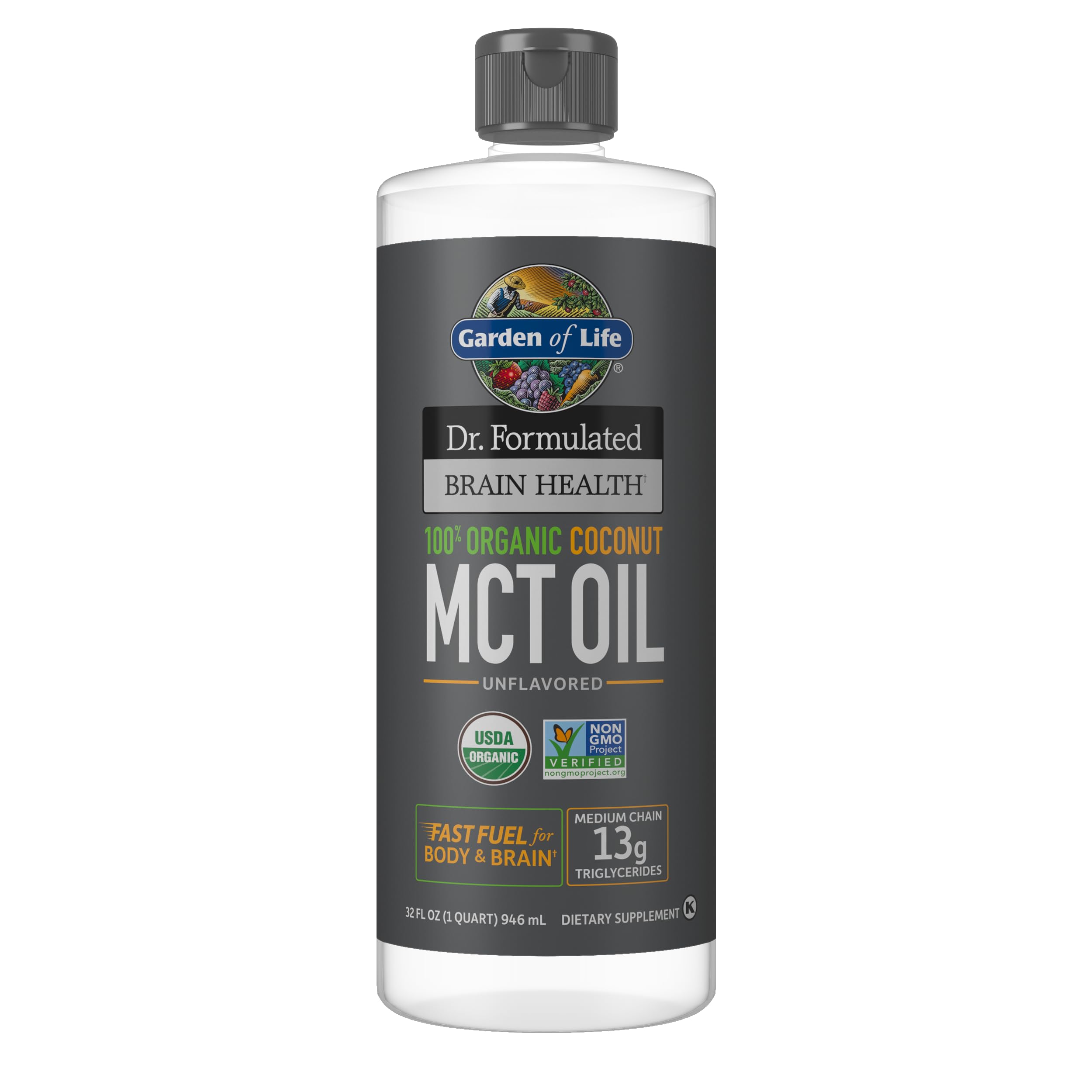 Garden of Life Dr. Formulated Brain Health 100% Organic Coconut MCT Oil 32 fl oz Unflavored, 13g MCTs, Body & Brain Fuel, Certified Non-GMO Vegan & Gluten Free, Hexane-Free