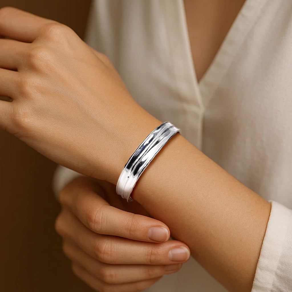 Desnuage Irregular Hammered Wave Texture Cuff Bracelet for Women - Sterling Silver Open Bangle Hypoallergenic Jewelry