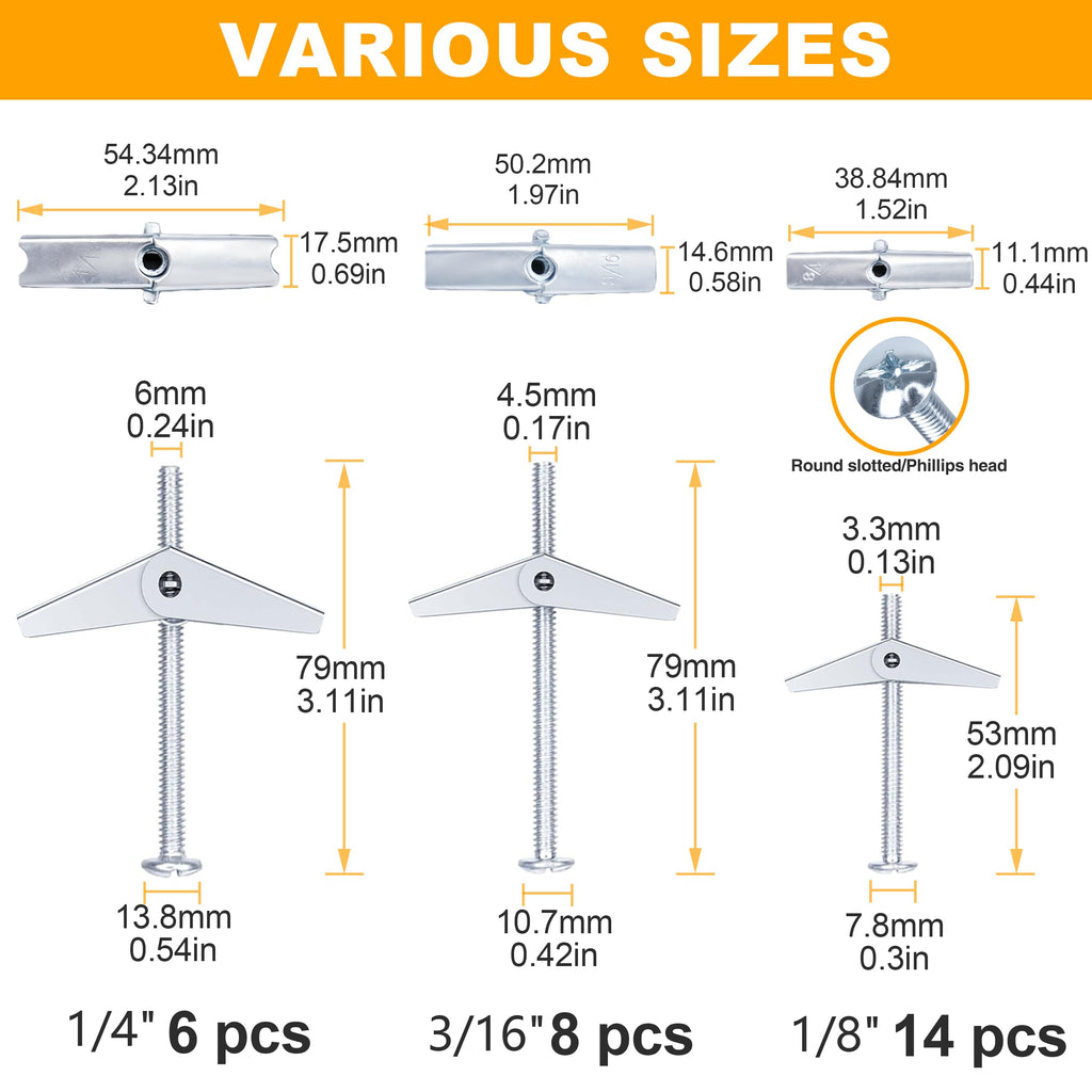 KURUI Heavy Duty Hollow Drywall Anchors for Sheetrock Ceiling, Toggle Bolts and Wing Nut Kit, 28Pcs Metal Dry Wall Anchors and Screws Assortment Set, Butterfly Anchor for Hanging 1/8, 3/16, 1/4