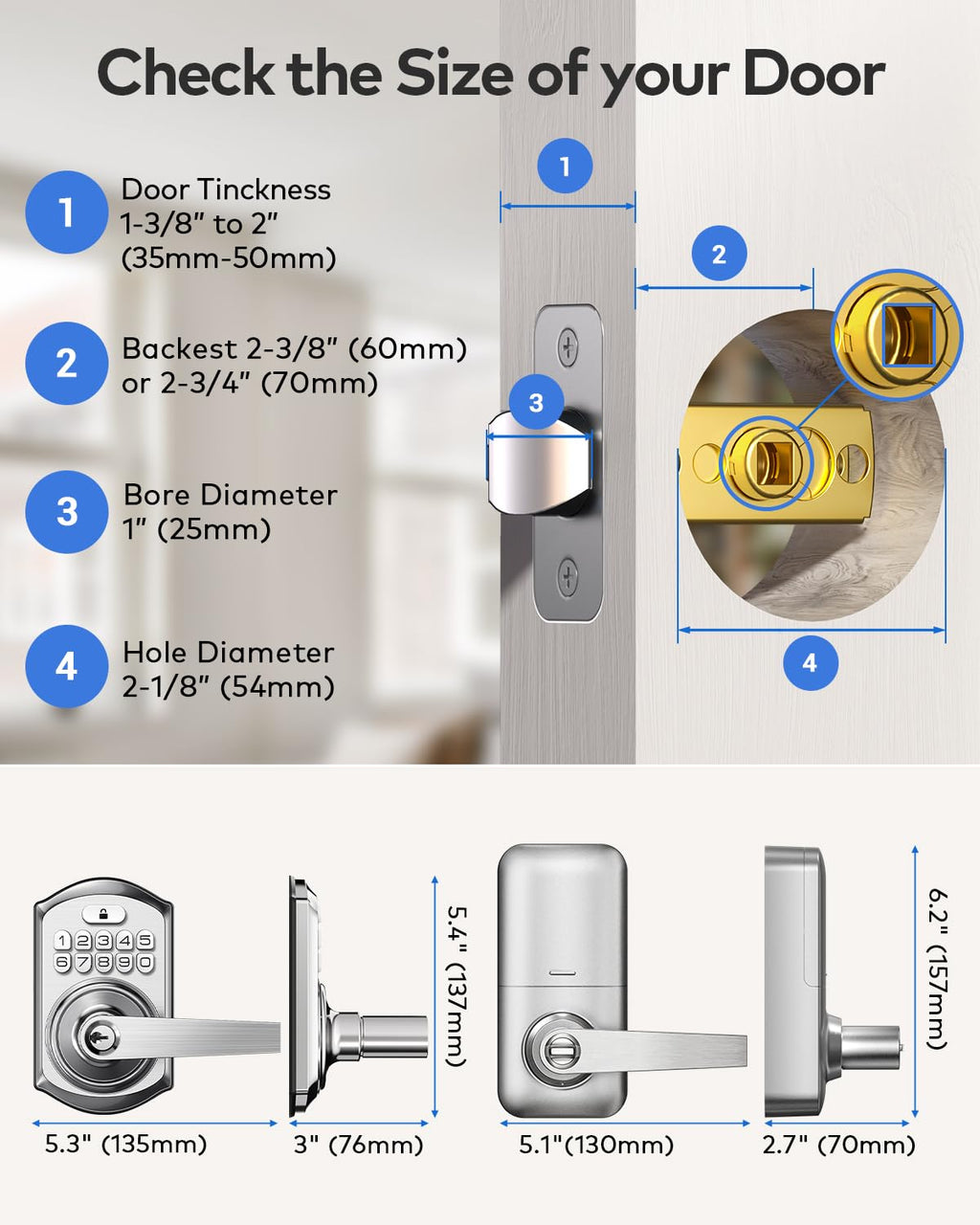 TEEHO TE004 Keyless Entry Keypad Door Lock with Handle - Smart Digital Electronic Lock for Interior Door with Anti-Peeping, Auto Lock & Passage Mode - Easy Installation - Satin Nickel