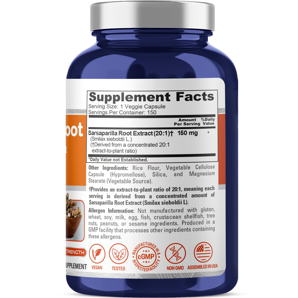 NusaPure Sarsaparilla Root Capsules, 150 mg, 150 Veg Capsules (Non-GMO, Vegan)