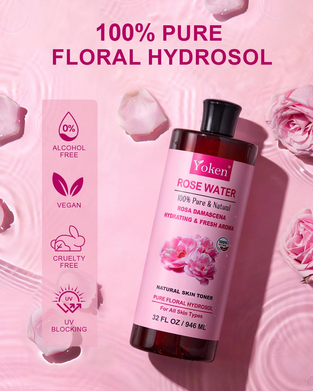 Yoken Pure Rose Water Toner for Face, 32 Fl Oz Bulk, 100% Rosa Damascena Rose Hydrosol, Refreshing Rosewater for Hair, Skin, Aromatherapy, Hydrates & Soothes, Alcohol Free, Chemical Free