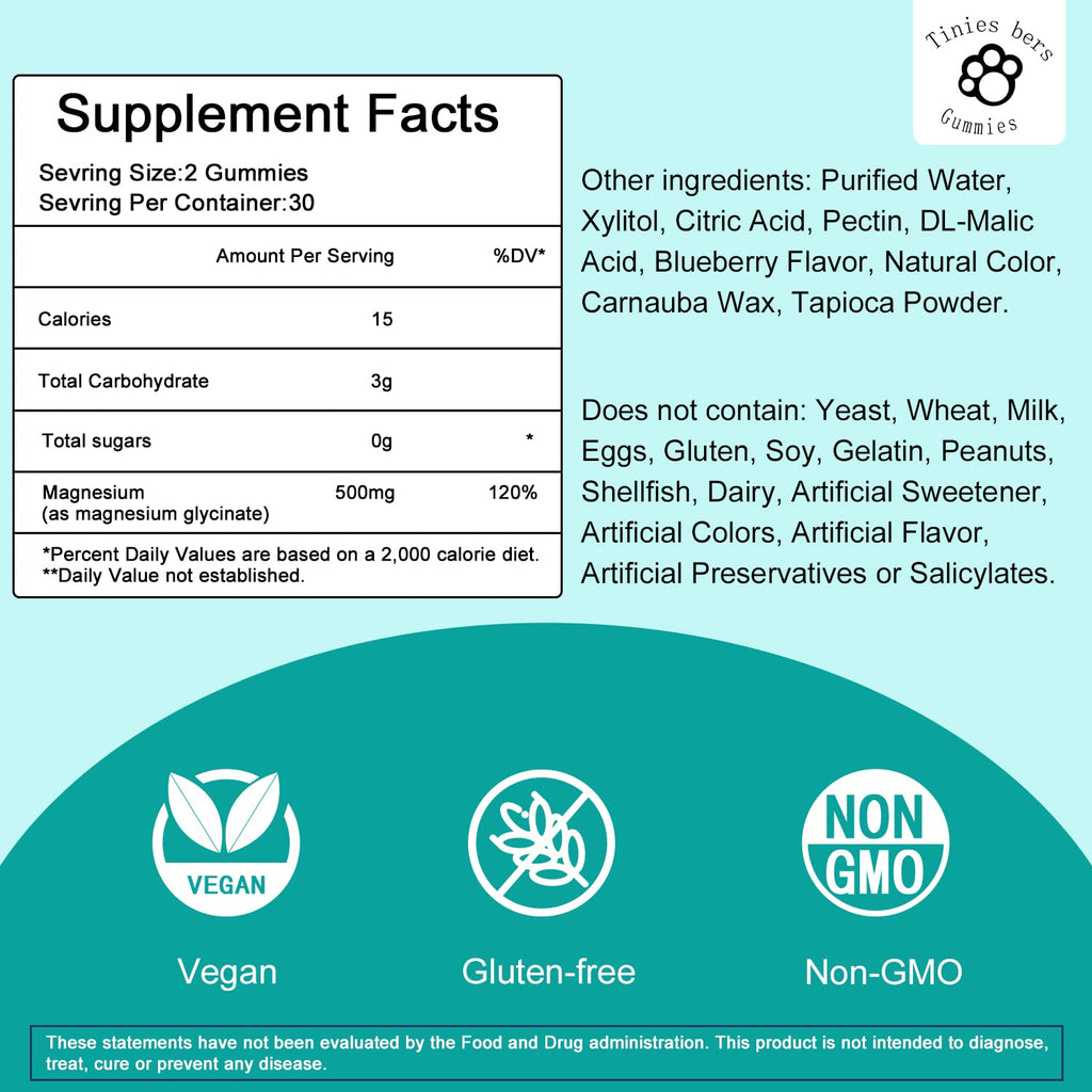 Magnesium Glycinate Gummies 500mg, Sugar Free for Adults & Kids, Best Magnesium Gummies for Sleep, Stress & Muscle Relief & Nerve Health, No Melatonin, Gluten Free, Non GMO, Vegan, Pectin, 120
