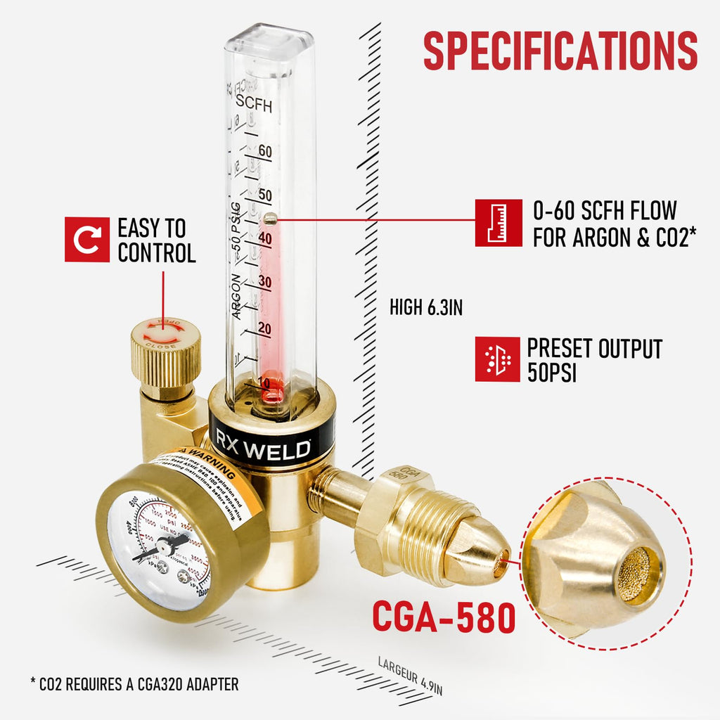 RX WELD Argon Flowmeter for MIG TIG Weld, CGA580, 6.6FT Hose